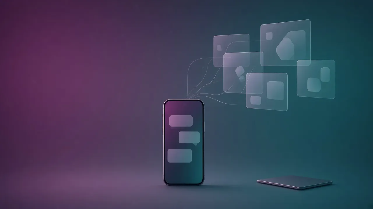 閉じたノートPCの横にスマートフォンが立っていて、画面からクラウド上の作業ウィンドウへ線が伸びている
